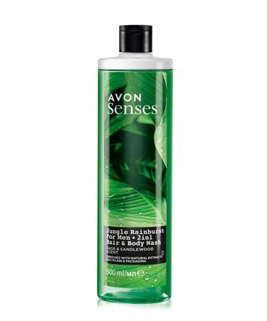 Avon Senses Jungle Rainburst Sage and Sandalwood Scented Men's Hair and Body Shampoo 500 Ml.