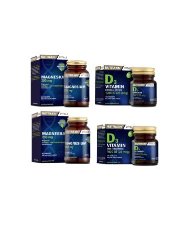 Nutraxin Magnesium Supplement 250 Mg 60 Tablets X2 Pieces + Vitamin D3 1000 Iu 120 Tablets X2 Pieces
