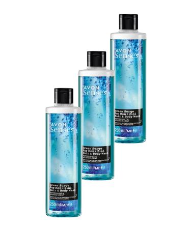 Avon Senses Ocean Surge Men's Shower Gel for Hair and Body with Mint and Sea Scent 250 Ml. Triple Set