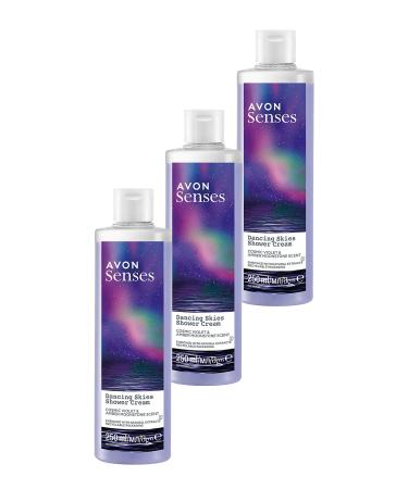 Avon Senses Dancing Skies Violet and Raspberry Scented Creamy Shower Gel 250 Ml. Set of Three
