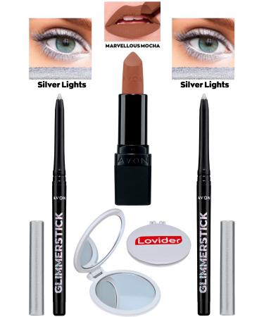 Avon Lift Eyeliner Glitter Silver Lights 2 Pack + Marvellous Mocha Matte Lipstick + Lovider Pocket Mirror