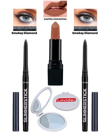 Avon Lift Eyeliner Shimmery Smokey Diamond 2 Pack + Marvellous Mocha Matte Lipstick + Lovider Pocket Mirror