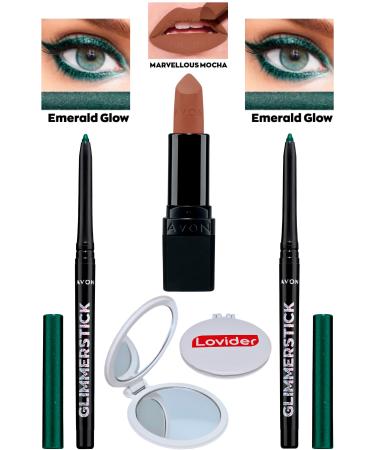 Avon Lift Eyeliner Shimmer Emerald Glow 2 Pack + Marvellous Mocha Matte Lipstick + Lovider Pocket Mirror