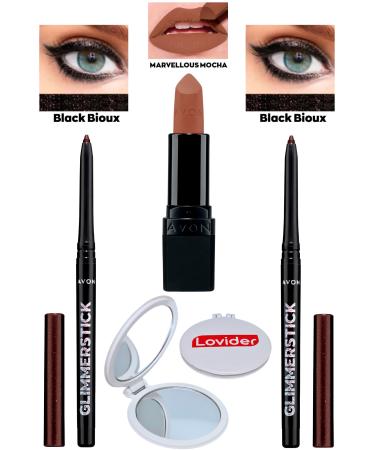 Avon Lift Eyeliner Shimmer Black Bioux 2 Pack + Marvellous Mocha Matte Lipstick + Lovider Pocket Mirror