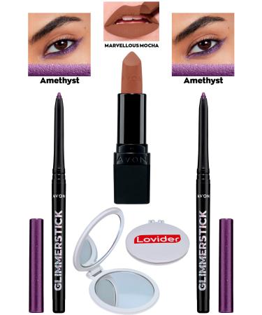 Avon Lift Eyeliner Shimmer Amethyst 2 Pack + Marvellous Mocha Matte Lipstick + Lovider Pocket Mirror
