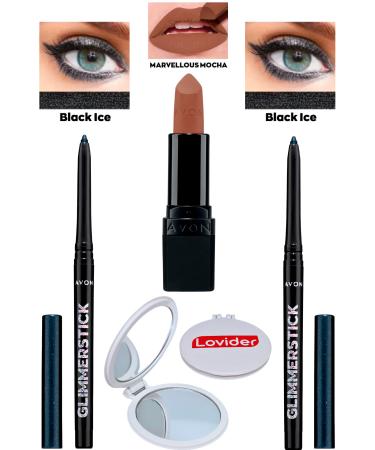 Avon Lift Eyeliner Shimmer Black Ice 2 Pack + Marvellous Mocha Matte Lipstick + Lovider Pocket Mirror