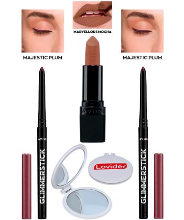 Avon Lift Eyeliner Majestic Plum 2 Pack + Marvellous Mocha Matte Lipstick + Lovider Pocket Mirror