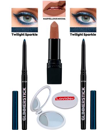 Avon Lift Eyeliner Shimmer Twilight Sparkle 2 Pack + Marvellous Mocha Matte Lipstick + Lovider Pocket Mirror