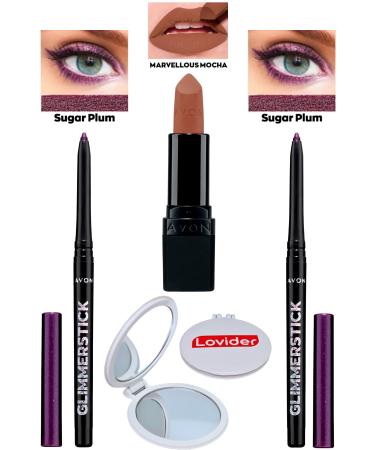 Avon Lift Eyeliner Shimmer Sugar Plum 2 Pack + Marvellous Mocha Matte Lipstick + Lovider Pocket Mirror