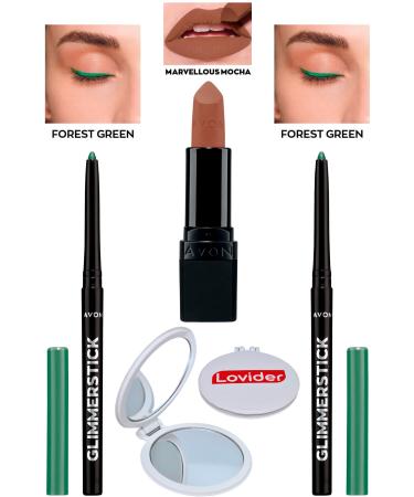 Avon Lift Eyeliner Forest Green 2 Pack + Marvellous Mocha Matte Lipstick + Lovider Pocket Mirror