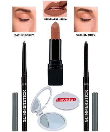 Avon Lift Eyeliner Saturn Grey 2 Pack + Marvellous Mocha Matte Lipstick + Lovider Pocket Mirror