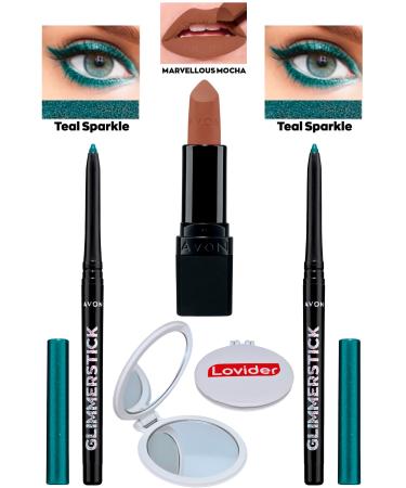 Avon Lift Eyeliner Shimmer Teal Sparkle 2-Pack + Marvellous Mocha Matte Lipstick + Pocket Mirror