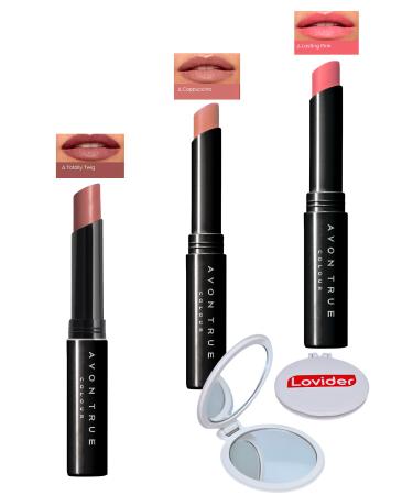 Avon Beauty 3-Pack Lipstick - Totally Twig + Cappuccino + Lasting Pink + Lovider Pocket Mirror