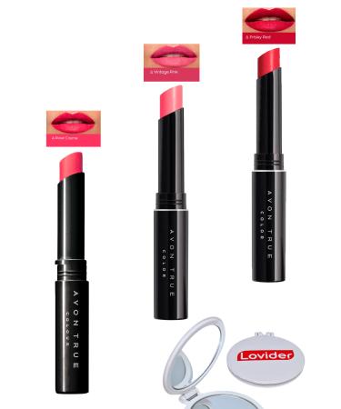 Avon Beauty 3-Pack Lipstick - Rose Creme + Vintage Pink + Frisky Red + Lovider Pocket Mirror