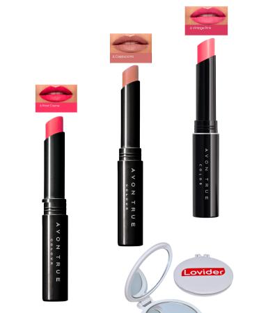 Avon Beauty 3-Pack Lipstick - Rose Creme + Cappuccino + Vintage Pink + Lovider Pocket Mirror