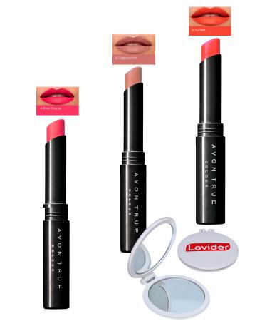 Avon Beauty 3-Pack Lipstick - Rose Creme + Cappuccino + Sunset + Lovider Pocket Mirror