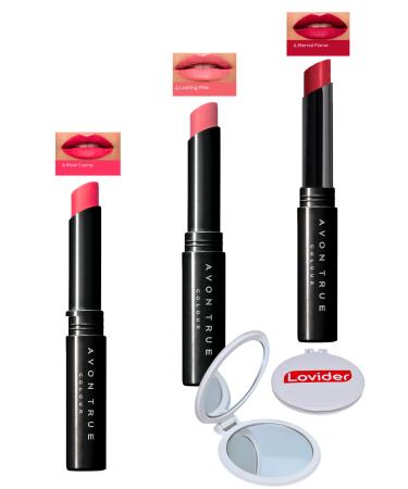 Avon Beauty 3-Pack Lipstick - Rose Creme + Lasting Pink + Eternal Flame + Lovider Pocket Mirror