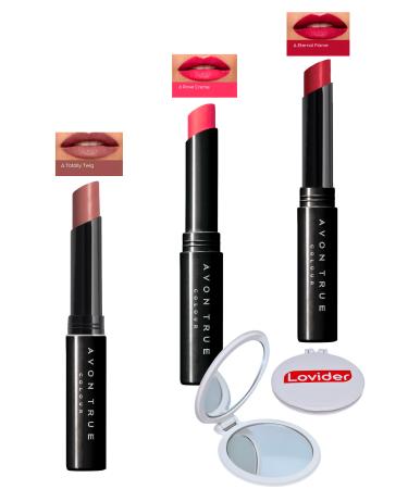 Avon Beauty 3-Pack Lipstick - Totally Twig + Rose Creme + Eternal Flame + Lovider Pocket Mirror