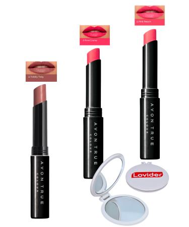 Avon Beauty 3-Pack Lipstick - Totally Twig + Rose Creme + Pink Peach + Lovider Pocket Mirror