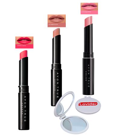 Avon Beauty 3-Pack Lipstick - Rose Creme + Cappuccino + Forever Pink + Lovider Pocket Mirror