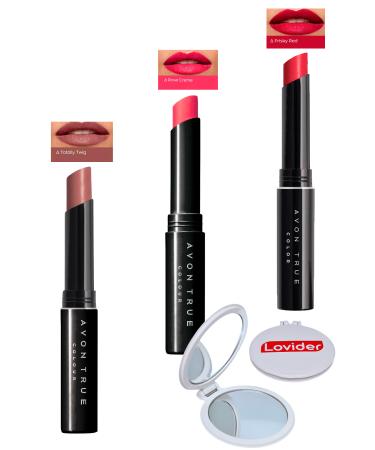 Avon Beauty 3-Pack Lipstick - Totally Twig + Rose Creme + Frisky Red + Lovider Pocket Mirror