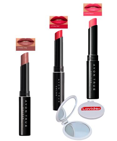 Avon Beauty 3-Pack Lipstick - Totally Twig + Frisky Red + Pink Peach + Lovider Pocket Mirror