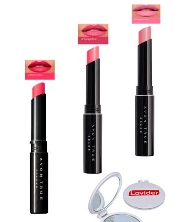 Avon Beauty 3-Pack Lipstick - Rose Creme + Vintage Pink + Forever Pink + Pocket Mirror