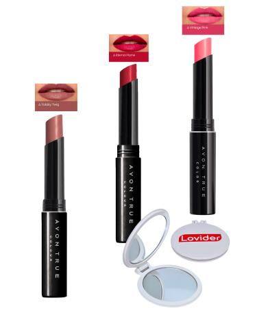 Avon Beauty 3-Pack Lipstick - Totally Twig + Eternal Flame + Vintage Pink + Lovider Pocket Mirror