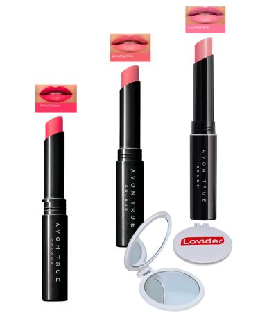Avon Beauty 3-Pack Lipstick - Rose Creme + Lasting Pink + Forever Pink + Lovider Pocket Mirror