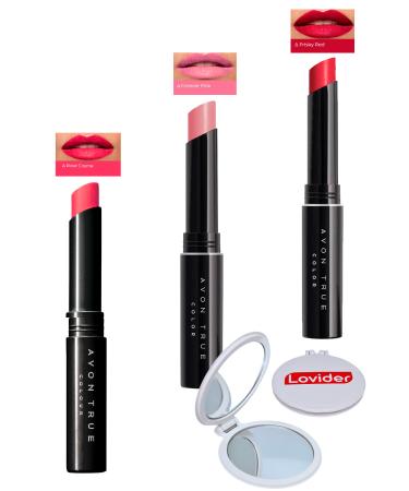 Avon Beauty 3-Pack Lipstick - Rose Creme + Forever Pink + Frisky Red + Lovider Pocket Mirror