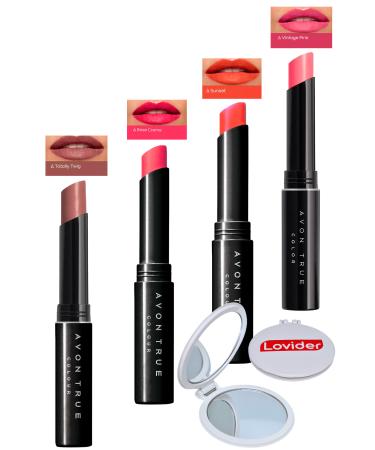 Avon Beauty 4-Pack Lipstick - Totally Twig + Rose Creme + Sunset + Vintage Pink + Lovider Pocket Mirror