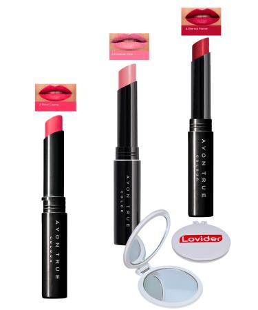 Avon Beauty 3-Pack Lipstick Rose Creme + Forever Pink + Eternal Flame + Lovider Pocket Mirror