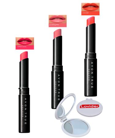 Avon Beauty 3-Pack Lipstick - Rose Creme + Lasting Pink + Sunset + Lovider Pocket Mirror