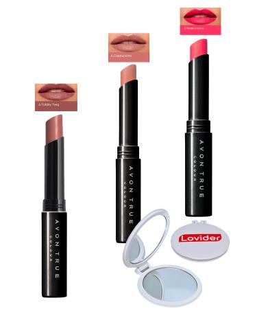 Avon 3-Pack Lipstick - Totally Twig + Cappuccino + Rose Creme + Lovider Pocket Mirror