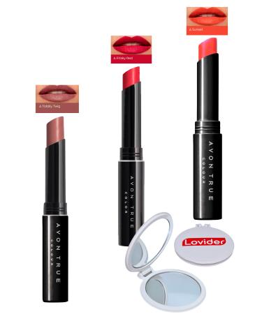 Avon Beauty 3-Pack Lipstick - Totally Twig + Frisky Red + Sunset + Lovider Pocket Mirror
