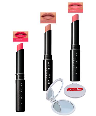 Avon Beauty 3-Pack Lipstick - Rose Creme + Cappuccino + Lasting Pink + Pocket Mirror