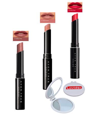 Avon Beauty 3-Pack Lipstick - Totally Twig + Cappuccino + Frisky Red + Lovider Pocket Mirror