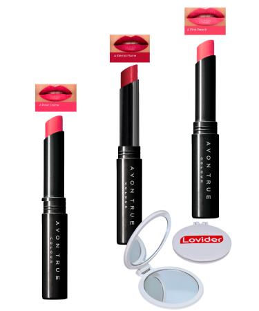 Avon Beauty 3-Pack Lipstick - Rose Creme + Eternal Flame + Pink Peach + Lovider Pocket Mirror