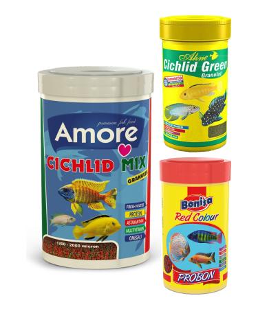 AMORE Malawi Cichlid Mix 1000ml Ahm Giclet Green 250ml Probon Red Color 250ml Box Fish Food