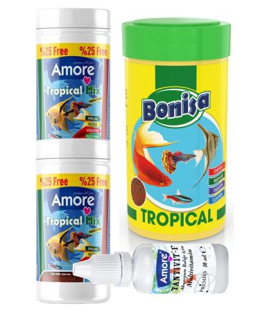 AMORE Tetra-Angel-Guppy 4-Piece Fish Food Set Tropical Mix 2x125ml Bonisa Tropical 250 Multivitamin