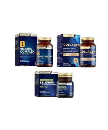 Nutraxin Selenium 100 Mcg 100 Tablets + Type 1 and Type 3 Hydrolyzed Collagen Containing 30 Tablets + b Complex 60 Tablets