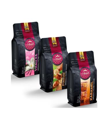 Anisah Coffee Flavored Filter Coffee Set 3 X 250 Grams Hazelnut Vanilla Caramel