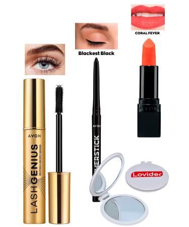 Avon Lash Genius Mascara + Black Eyeliner + Coral Fever Matte Lipstick + Lovider Pocket Mirror