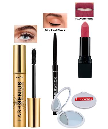 Avon Lash Genius Mascara + Black Eyeliner + Mauve Matters Matte Lipstick + Lovider Pocket Mirror
