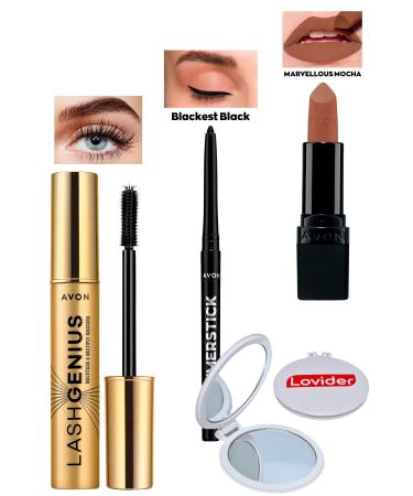 Avon Lash Genius Mascara + Black Eyeliner + Marvellous Mocha Matte Lipstick + Lovider Pocket Mirror