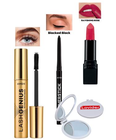 Avon Lash Genius Mascara + Black Eyeliner + Ravishing Rose Matte Lipstick + Lovider Pocket Mirror