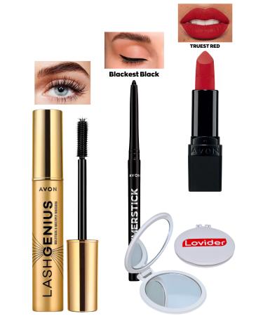 Avon Lash Genius Mascara + Black Eyeliner + Truest Red Matte Lipstick + Lovider Pocket Mirror