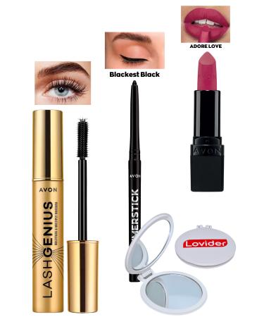 Avon Lash Genius Mascara + Black Eyeliner + Adoring Love Matte Lipstick + Pocket Mirror