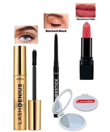 Avon Lash Genius Mascara + Black Eyeliner + Peach Flatters Matte Lipstick + Lovider Pocket Mirror