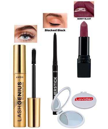 Avon Lash Genius Mascara + Black Eyeliner + Berry Blast Matte Lipstick + Lovider Pocket Mirror